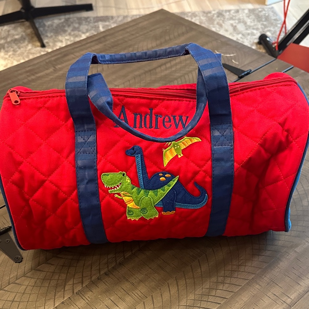 Kids Red and Blue Dinosaur Overnight Travel Quilted Bag